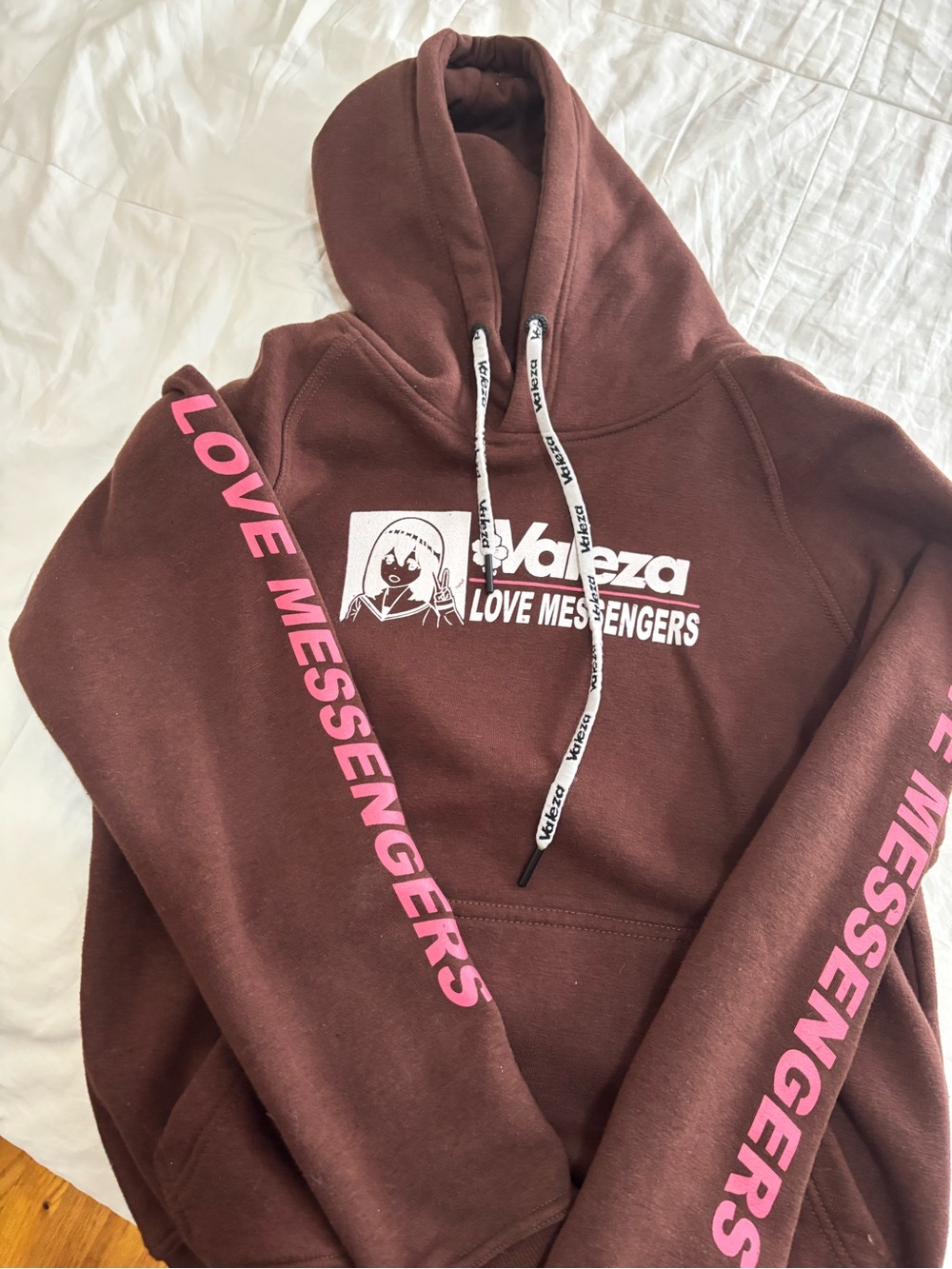 Love Messengers Brown Graphic Hoodie with Pink Sleeve Print